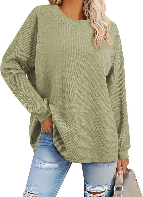FMCHICO Long Sleeve Waffle Knit Top Crew Neck Oversized Womens Casual Tops Plus Size Sweatshirt for Women
