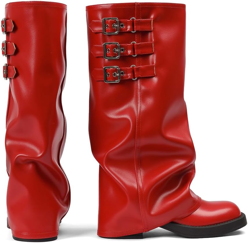 Knee High Boots Women Fall Slouchy Fold Over Tall Boots - Motorcycle, Hidden Zipper, Fashion Buckle, Platform, Square Toe - Image 7