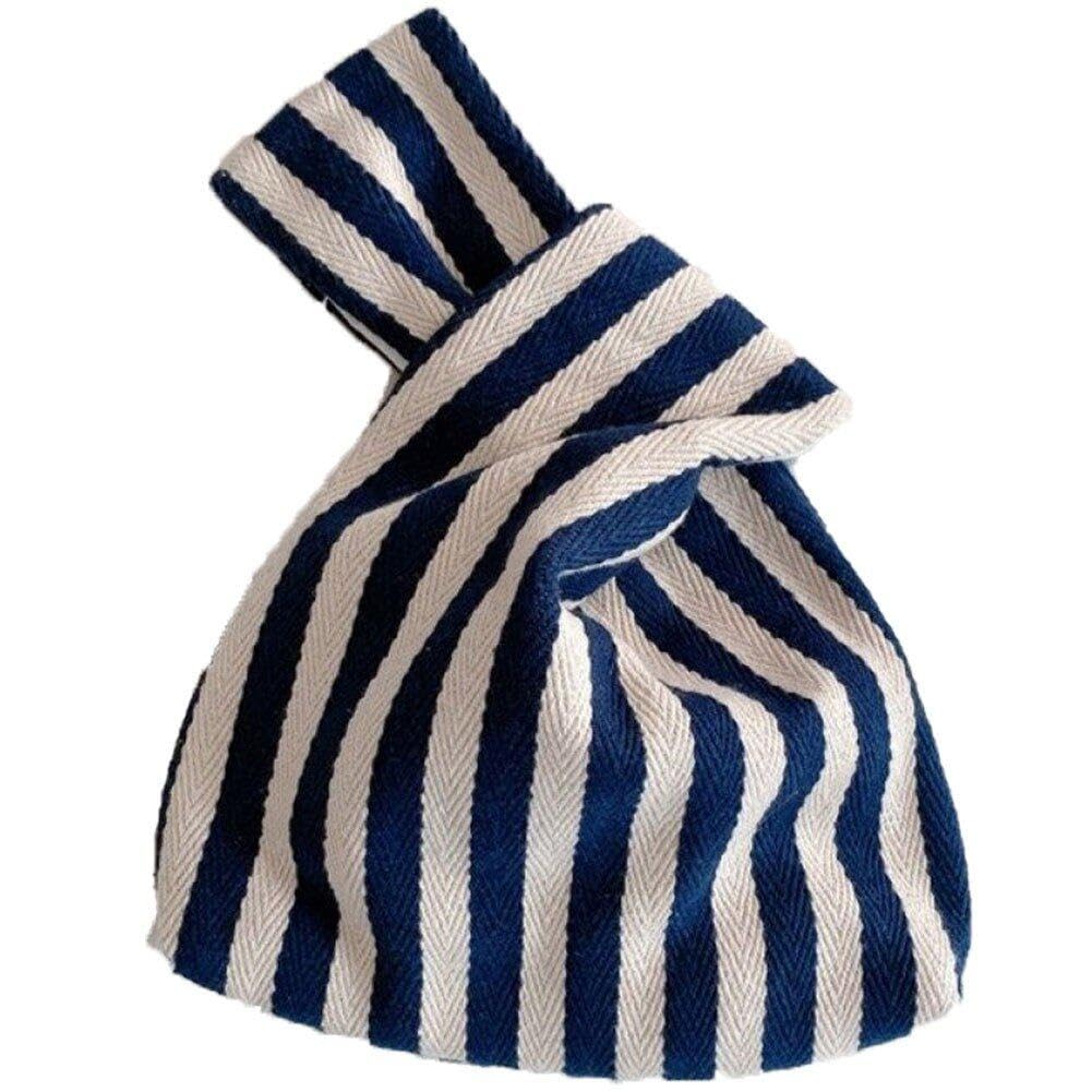 Danlai Women's Blue Portable Knot Wrist Bag For Chic Stripe Bags Simple Purses Tote Canvas Storage Cosmetic Bag Phone Key Coin Bag