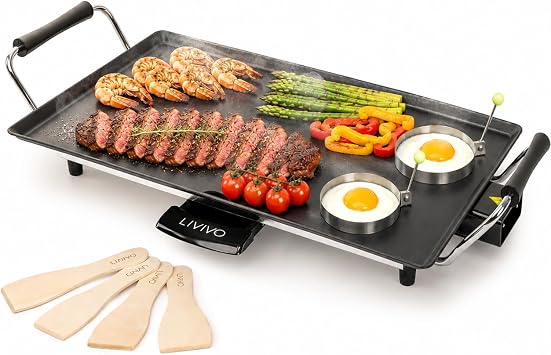 LIVIVO Large Teppanyaki Electric Grill - 2000W Tabletop Electric Hot Plate Griddle with Non-Stick Plate, Adjustable Temperature, Drip Tray and 8 Wooden Spatula - Electric BBQ Teppanyaki Grill Plate