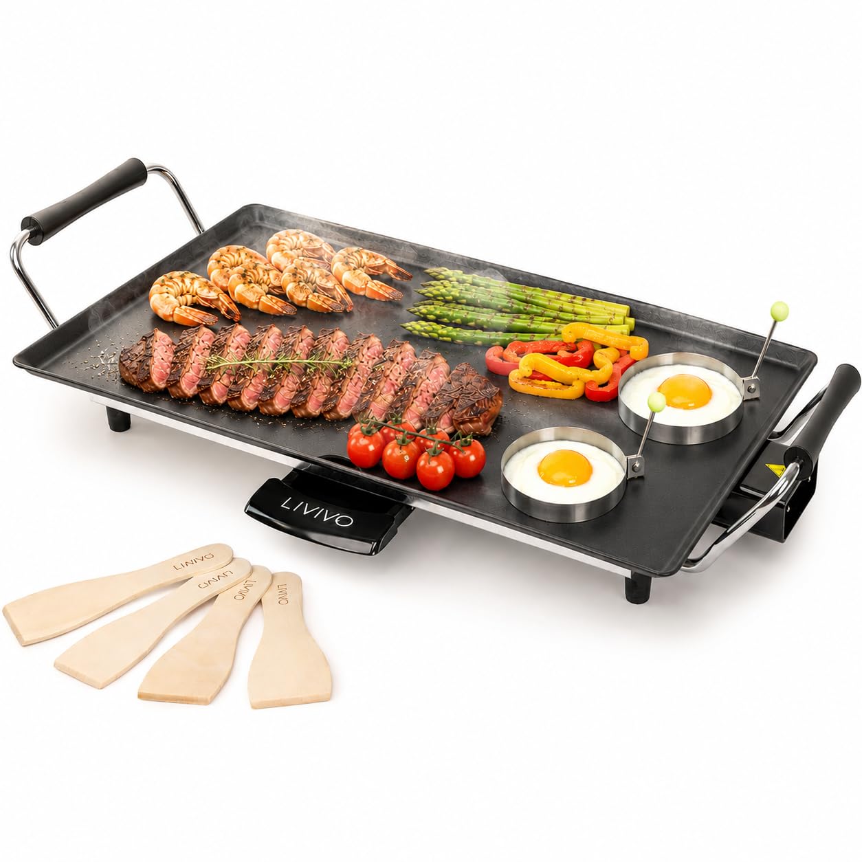 LIVIVO Large Teppanyaki Electric Grill - 2000W Tabletop Electric Hot Plate Griddle with Non-Stick Plate, Adjustable Temperature, Drip Tray and 8 Wooden Spatula - Electric BBQ Teppanyaki Grill Plate