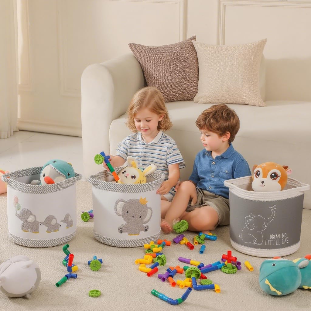 Tidelit Ceste Portaoggetti per Bambini, 3 pezzi Ceste Portaoggetti per Fasciatoio Neonato, Cesta Portabiancheria Bambini Pieghevole, Giraffe, Elefant, Gelb, Spielzeugtruhe (graues Set)