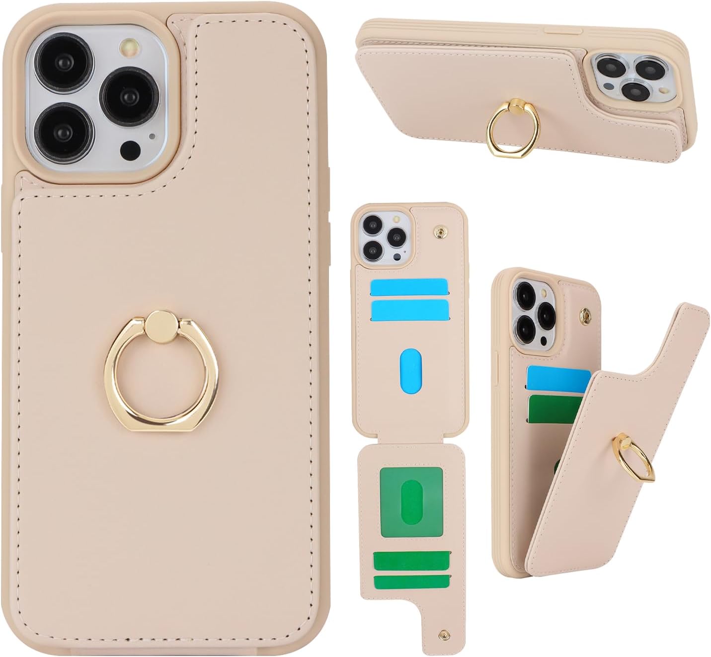 for iPhone 12 Pro Max / 13 Pro Max Case with Card Holder,Credit Card Holder,Ring Stand Kickstand,Flip Shockproof Phone Wallet Case for Women Men (6.7 inch,Beige) - Image 2