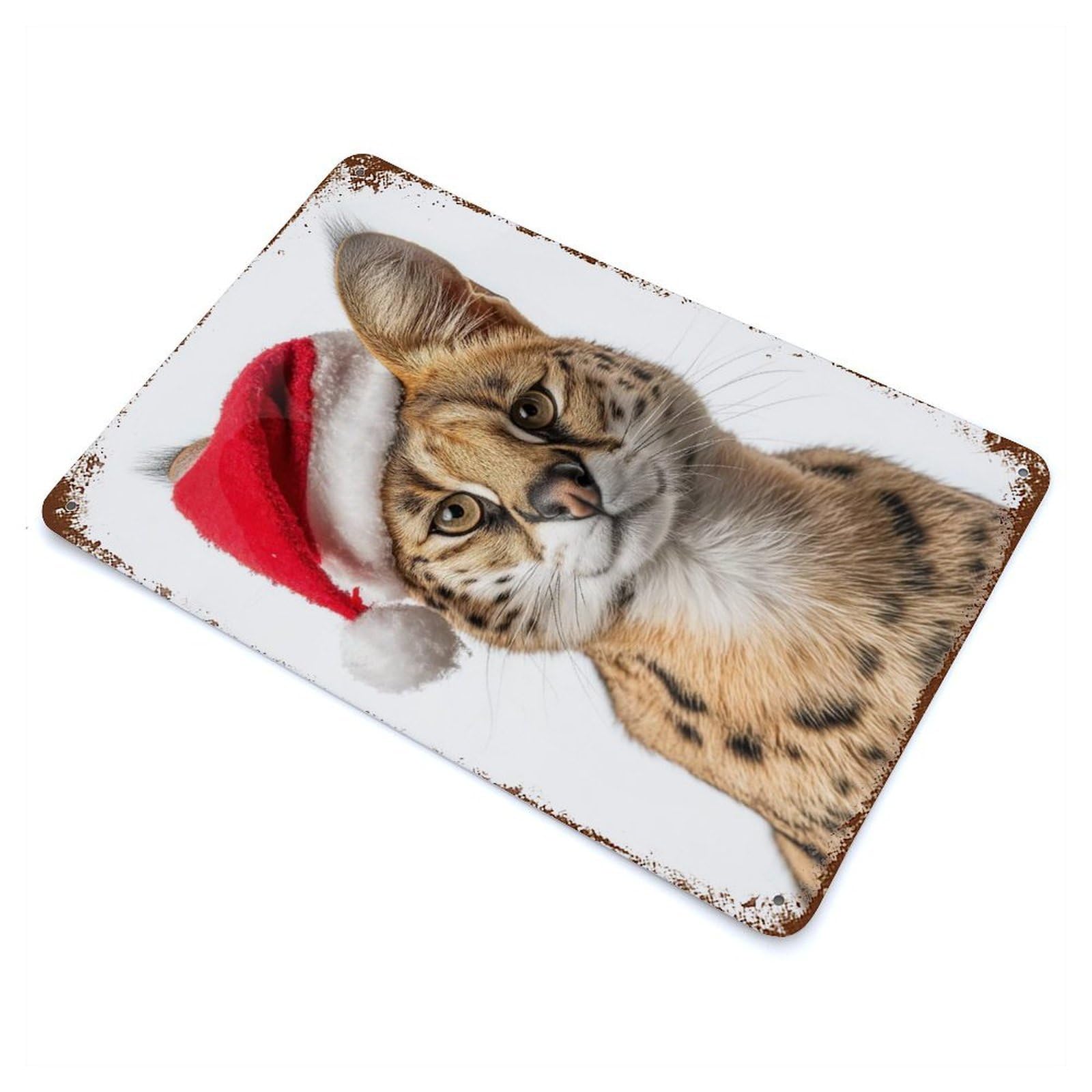Christmas Serval Cat with Santa Hat Aged Metal Wall Plaque 11.8"x7.9", Industrial Home Decor for Pub, Kitchen And Man Cave Decor