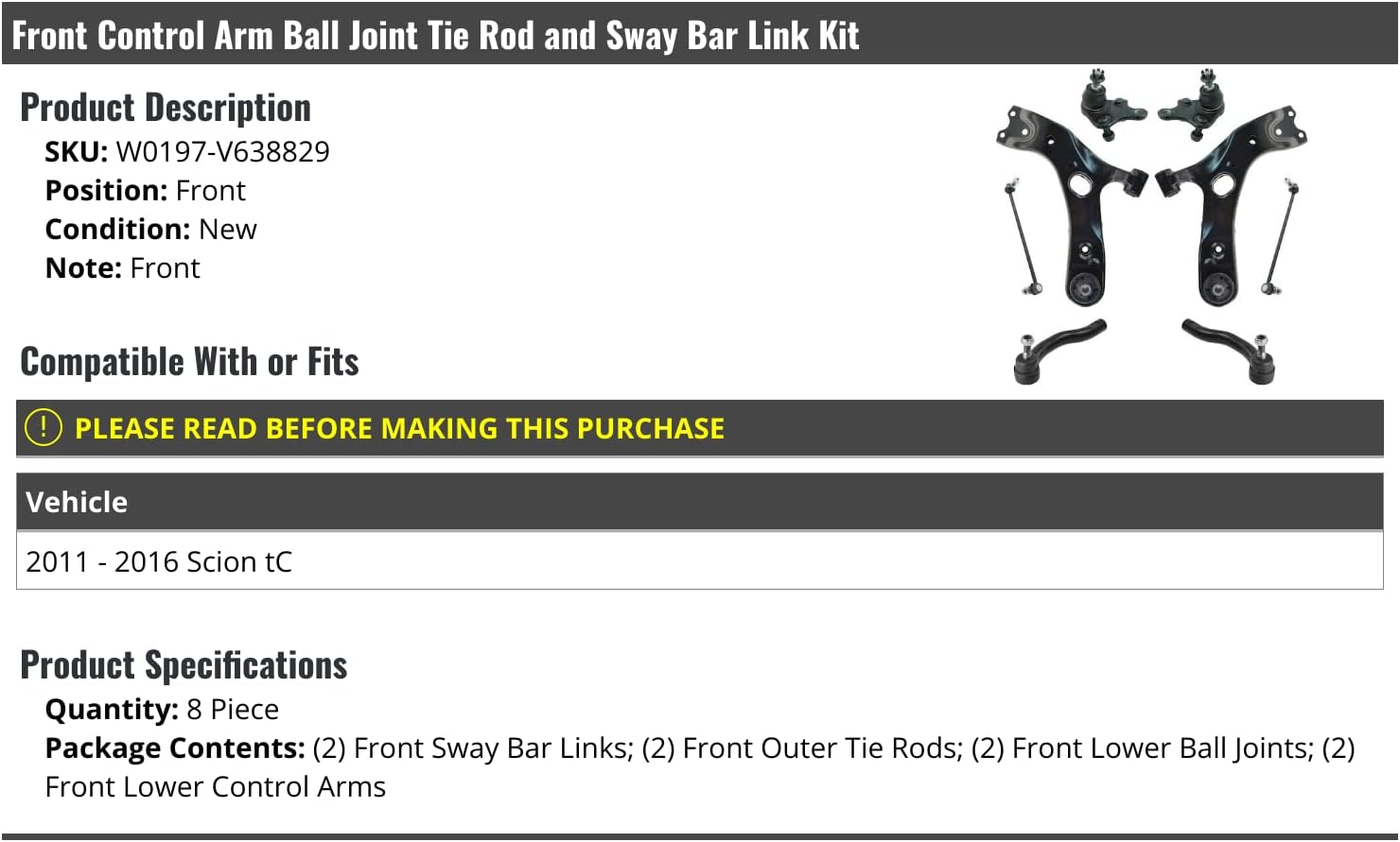 Front Lower Control Arm Ball Joint Tie Rod End and Sway Bar Link Kit - 8 Piece - Compatible with 2011-2016 Scion TC