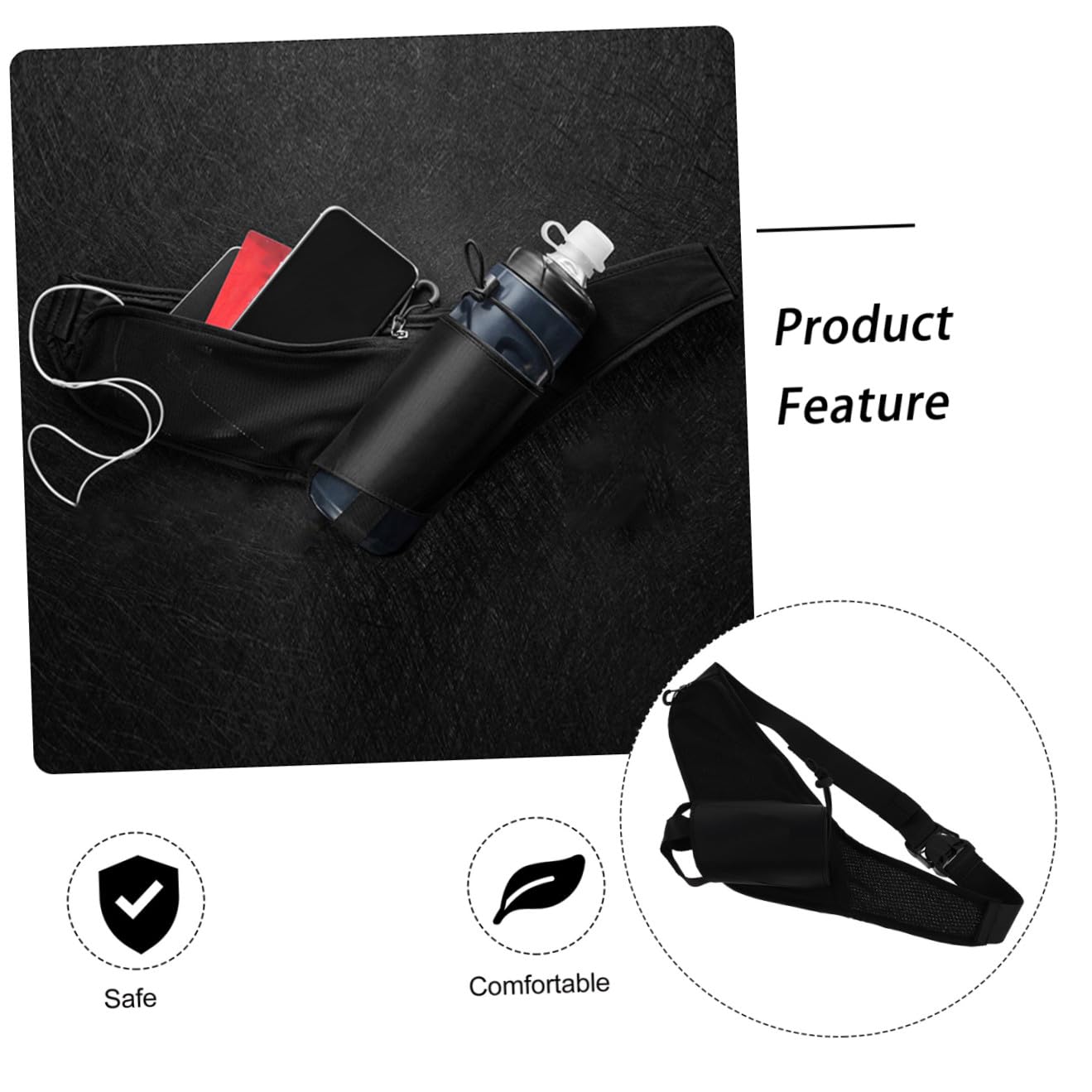 UKCOCO Riñonera para Correr con Portabotellas de Nylon Negro | Diseño de Cintura, Cremallera Suave y Resistente, para Running y Viaje al Aire Libre