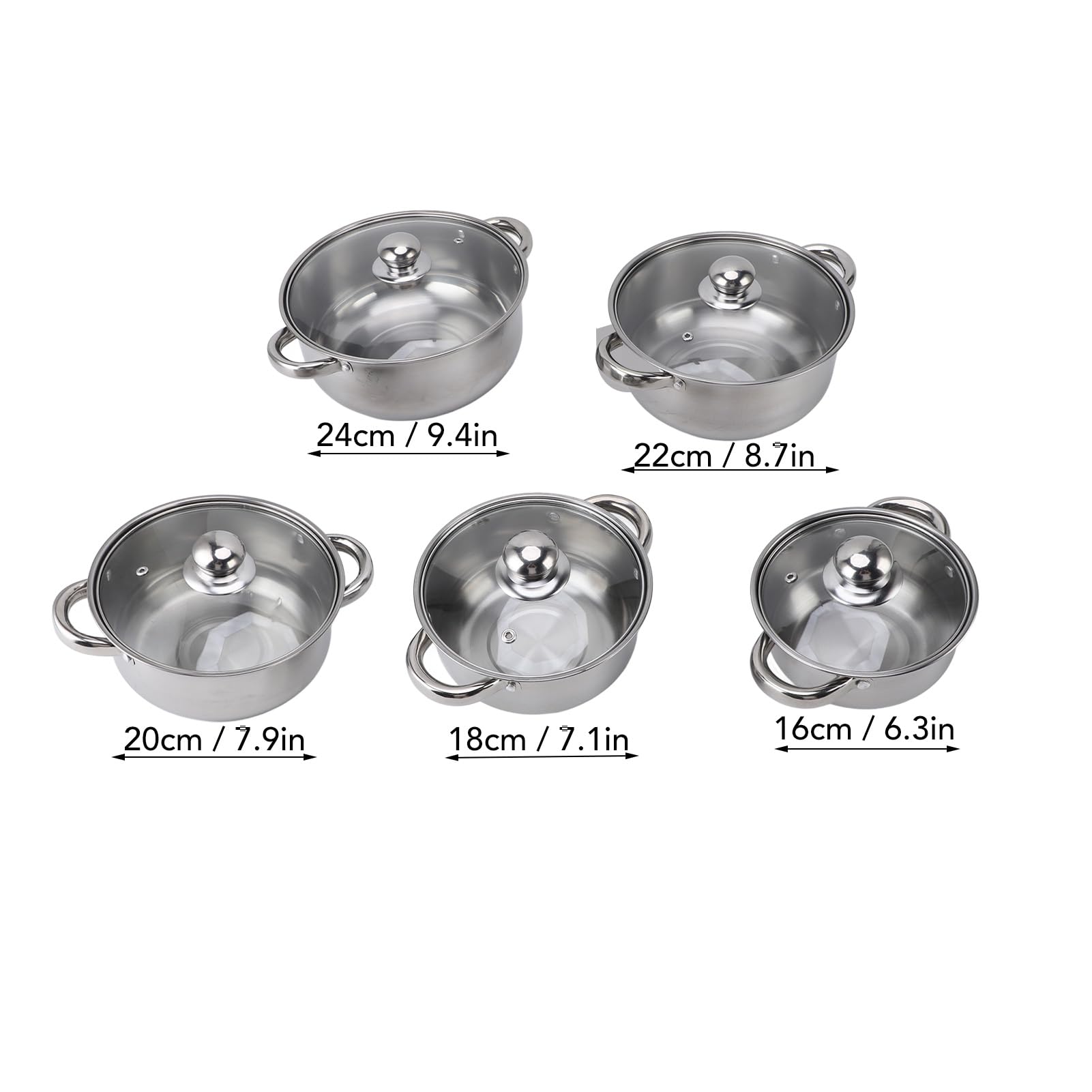 5-teiliges Edelstahl-Topf-Set, Küchen-Kochgeschirr-Sets, Edelstahl-Töpfe mit Deckel und Griffen, Stapelbares Design, Küchen-Kochset für Induktion, Spülmaschinenfest, Silber