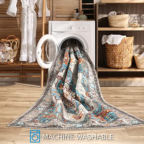 Area Rug Living Room Rugs: 8X10 Washable Large Carpet Boho Oriental Persian Distressed Bohemian Non-Slip Area Rugs For Dining Room Farmhouse Bedroom Office Home Decor Grey/Teal #TOP3