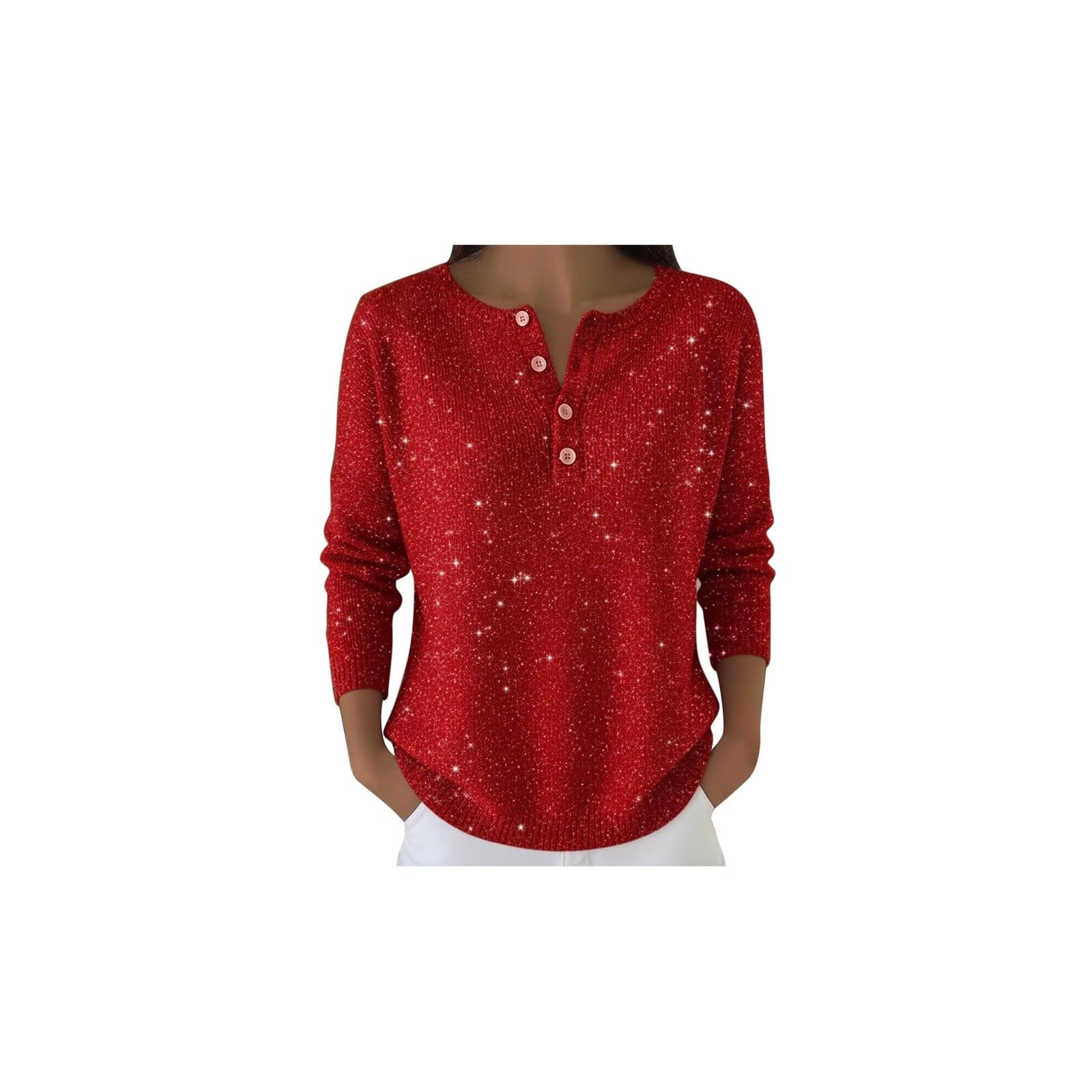 Christmas Sequin Sweater Womens Henley Neck Button Casual Long Sleeve Xmas Holiday Party Knit Pullover Loose Fit Top