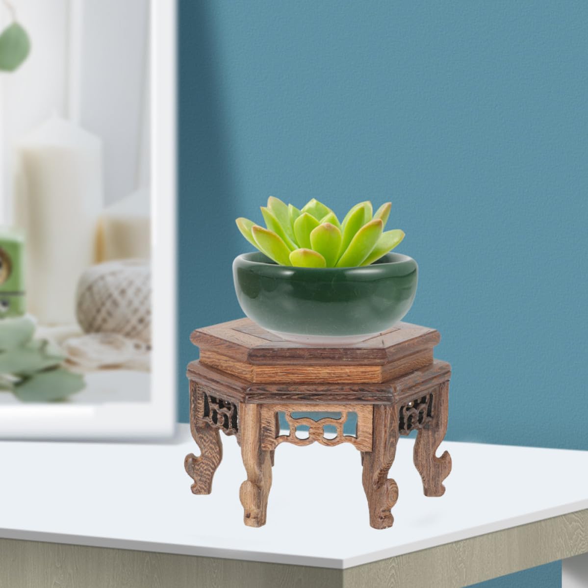 Sechseckiger Bonsai Holzsockel aus Stabilem Holz mit Robustem Gestell und Stützpunkten für Garten und Flur als Teekannen Präsentationssockel