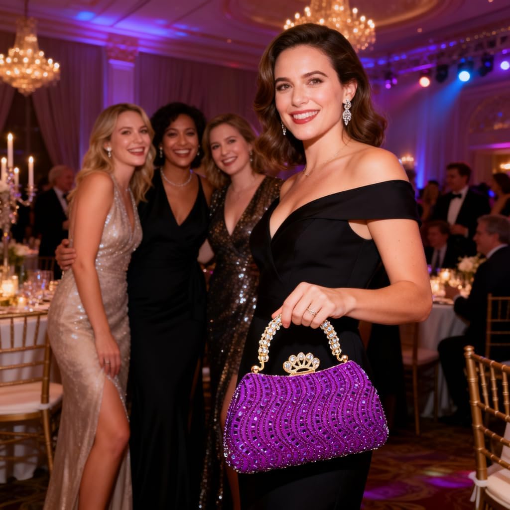 Women's Crystal Evening Rhinestone Handbag with Gold Handle Crown Claspr, Detachable Chain Formal Purse for Prom Gala for Wedding Party (Fuchsia)