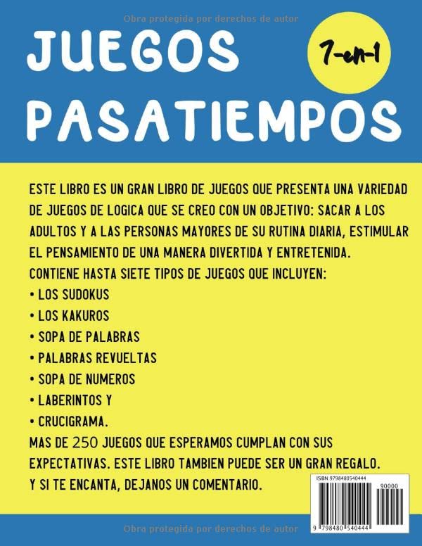 Miniatura 2 de Juegos y pasatiempos para adultos y mayores libro de actividades y juegos 7 en 1 para ancianos Sudoku - Sopa de Letras - Sopa de Numéros - Kakuros
