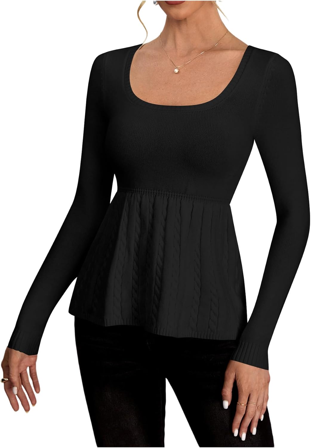 Women's Scoop Neck Peplum Sweater Long Sleeve Cable Knit Dressy Casual Pullover Tops
