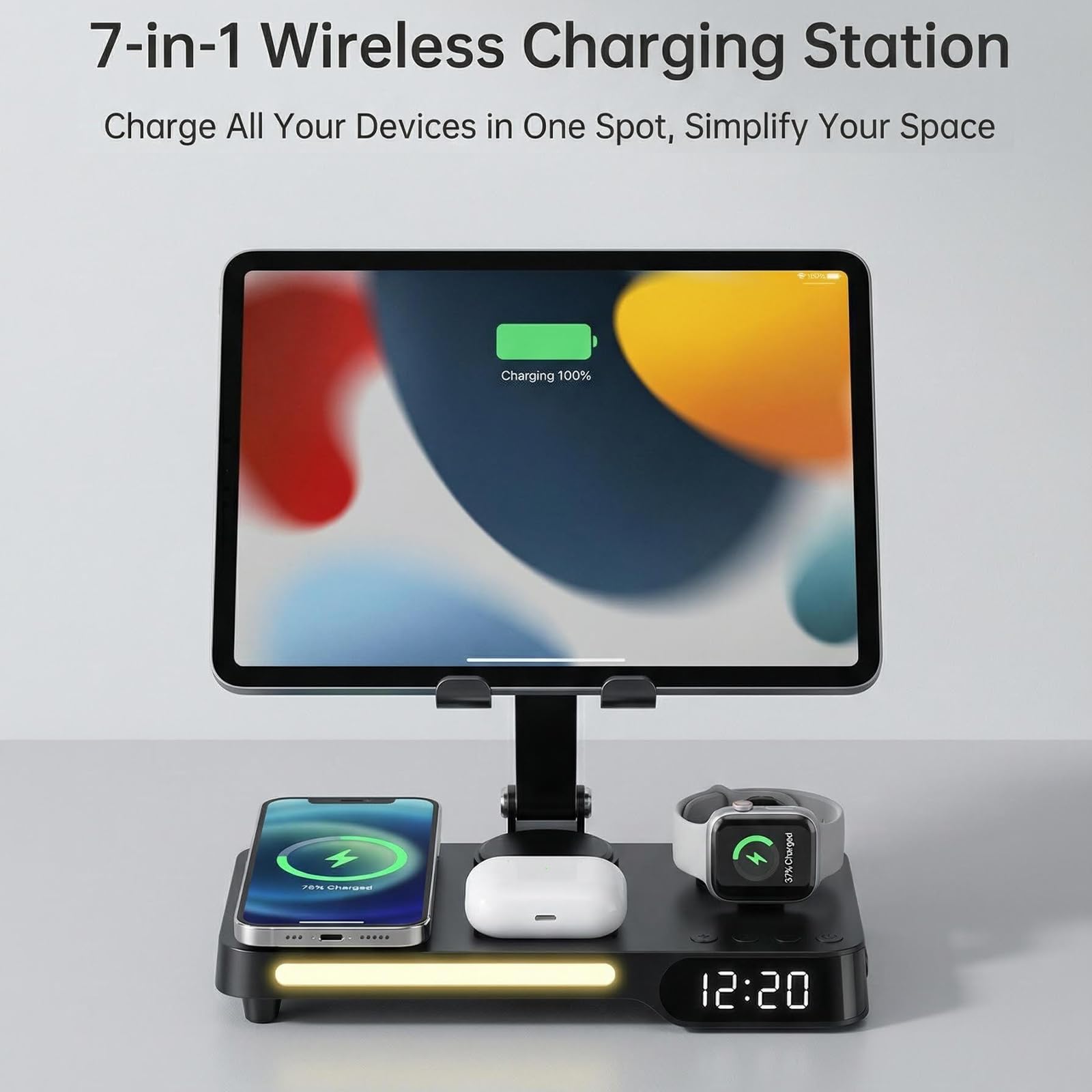 Stazione di Ricarica Wireless, Supporto Caricatore Multiplo 7 in 1 con Sveglia, Luce Notturna, Dock di Ricarica per iPhone 17 16 15 14 13 12 Pro Max Plus, Apple Watch 11/10/9/8, per AirPods