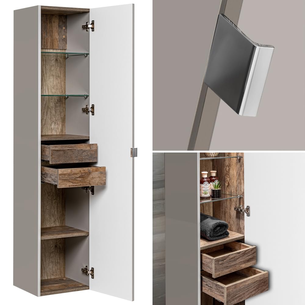 Lomadox Set di mobili da bagno in aupe con rovere vintage, 140 cm, doppio lavabo con mobiletto, 2 lavandini in ceramica, scaffale, specchio a LED, armadio alto