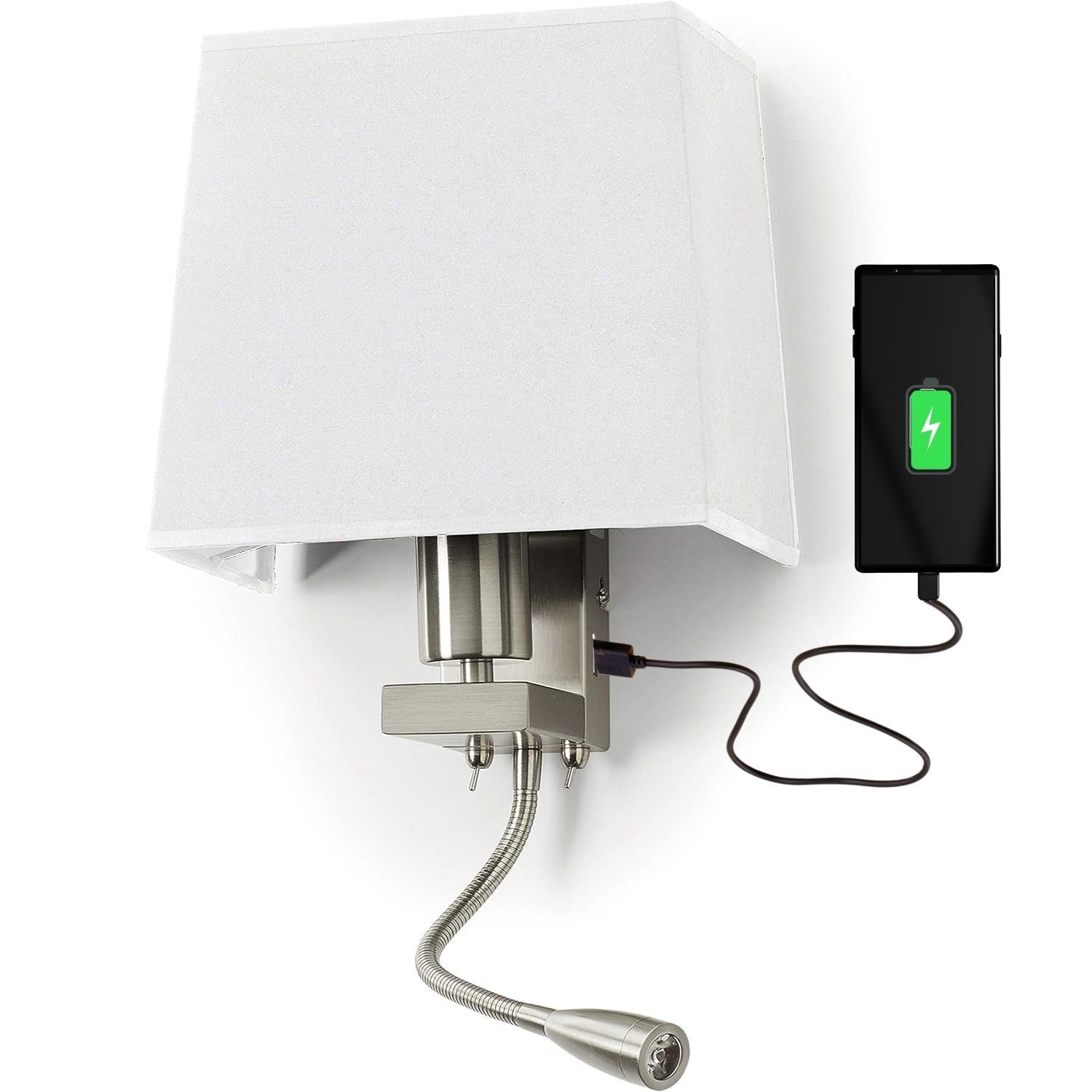 EXO Lighting - apliques pared dormitorio FIRENZE - lampara lectura pared - IP20 E27 - lampara pared dormitorio - 60W+LED 3W - aplique mesita de noche pared con 2USB - aplique con interruptor