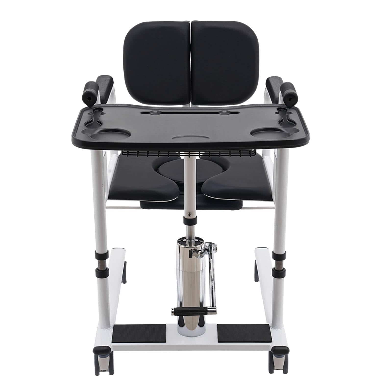 Silla de Transferencia Hidráulica para Pacientes y Mayores, Dividida a 180°, Sillón Multifuncional Altura Ajustable con Ruedas Universales, Mesa de Comedor y Maceta Portátil (Negro)