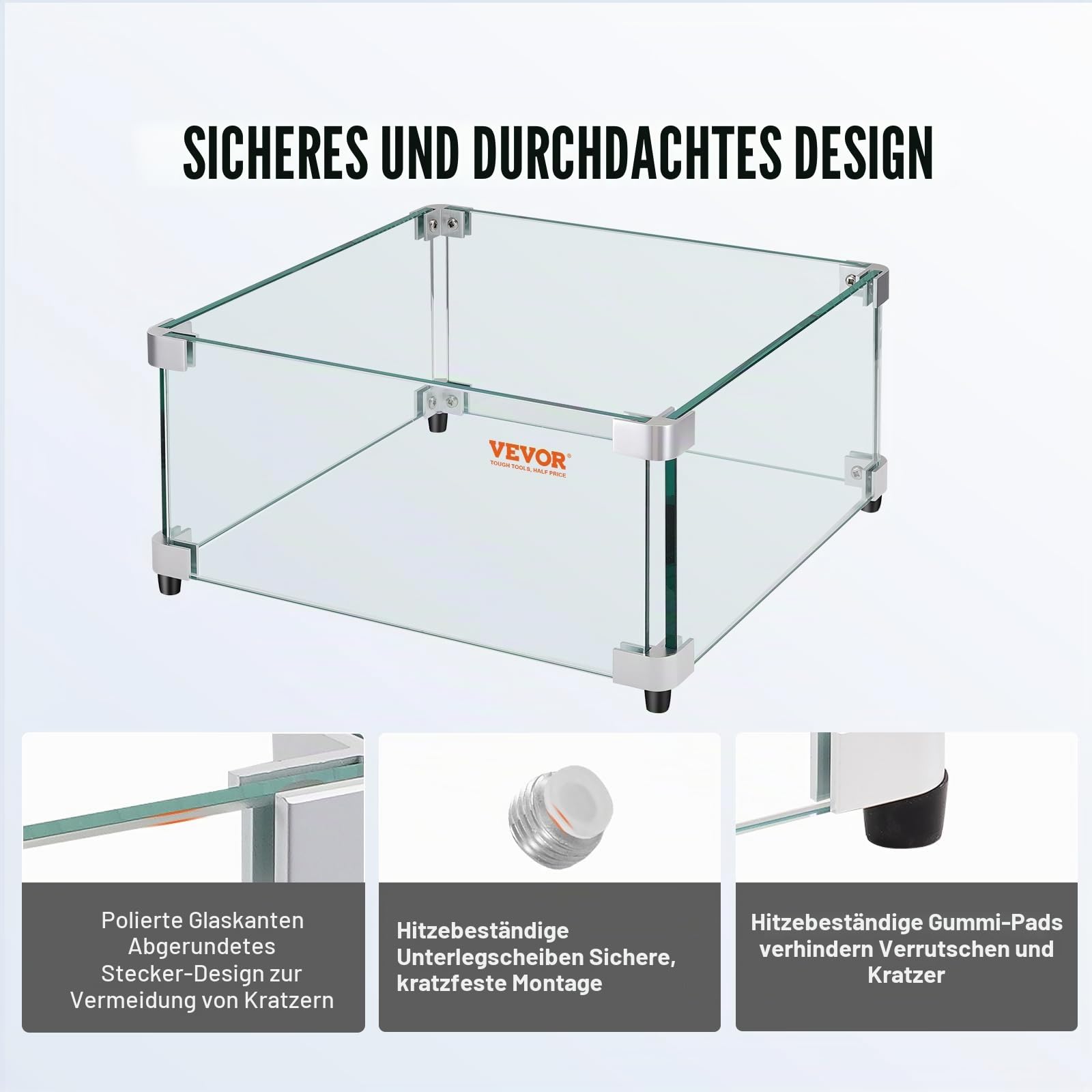 VEVOR Gas-Feuerstellen-Windschutz für quadratischen Feuertisch, 493 x 493 x 191 mm, durchsichtiger, gehärteter Windschutz für Feuerstellen, 8 mm dicker quadratischer Glasschutz, Glasscheibe mit harter
