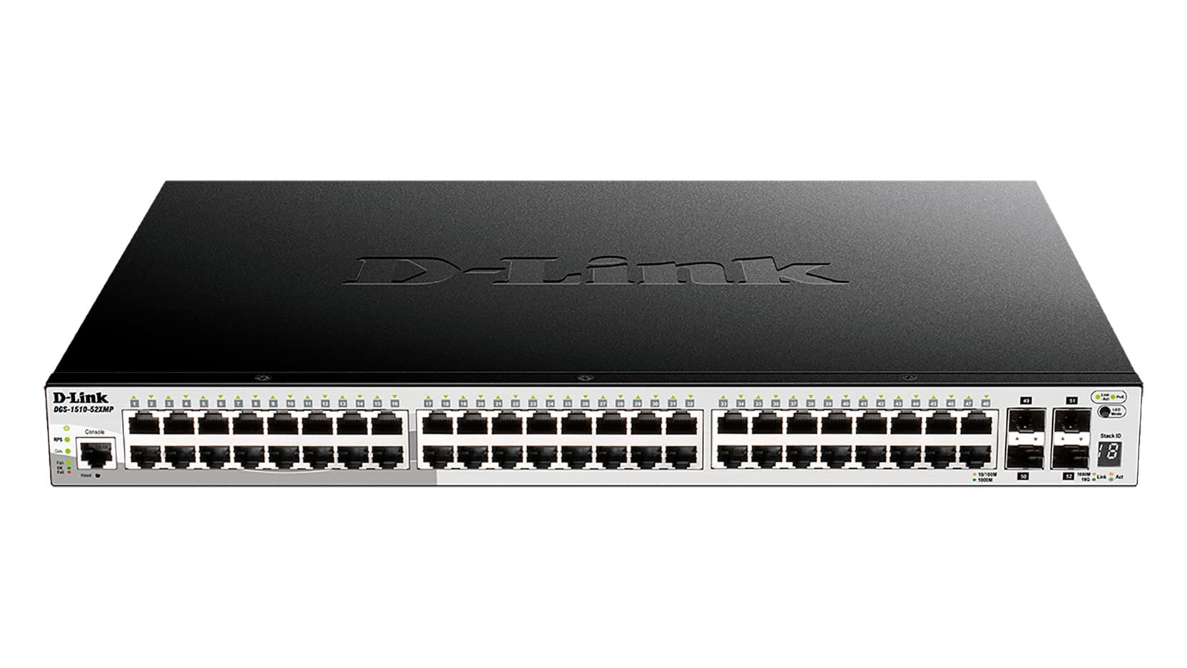 D-Link DGS-1510-52XMP/E, 52-Port Smart Managed PoE+ Gigabit Stack Switch (48 x 10/100/1000 Mbit/s BaseT PoE+ Port, 4 x 10G SFP+ Slot, 370W PoE Kapazität, 19" Metallgehäuse) - Nur EU-Netzkabel