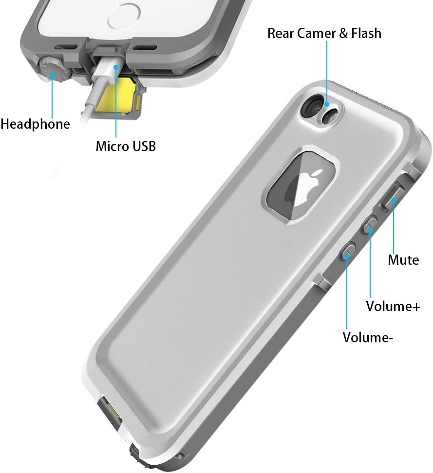 VersionTech IPX68 Waterproof Shockproof Shock Proof Snow Proof SnowProof DirtProof Dirt Proof Durable Case Cover for Apple iPhone 5S 5 With Small Mesh Bag-White