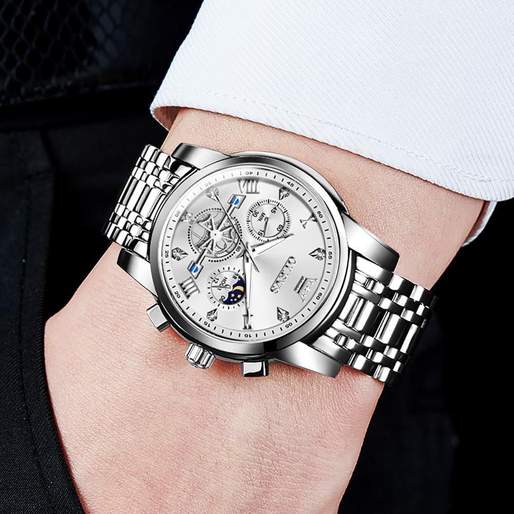 OLEVS Watch for Men Stainless Steel Chronograph Big Face Easy to Read Analog Quartz Watches Luxury Waterproof Date Diamond Roman Arabic Numerals Dial Dress Wrist Watches - Image 3