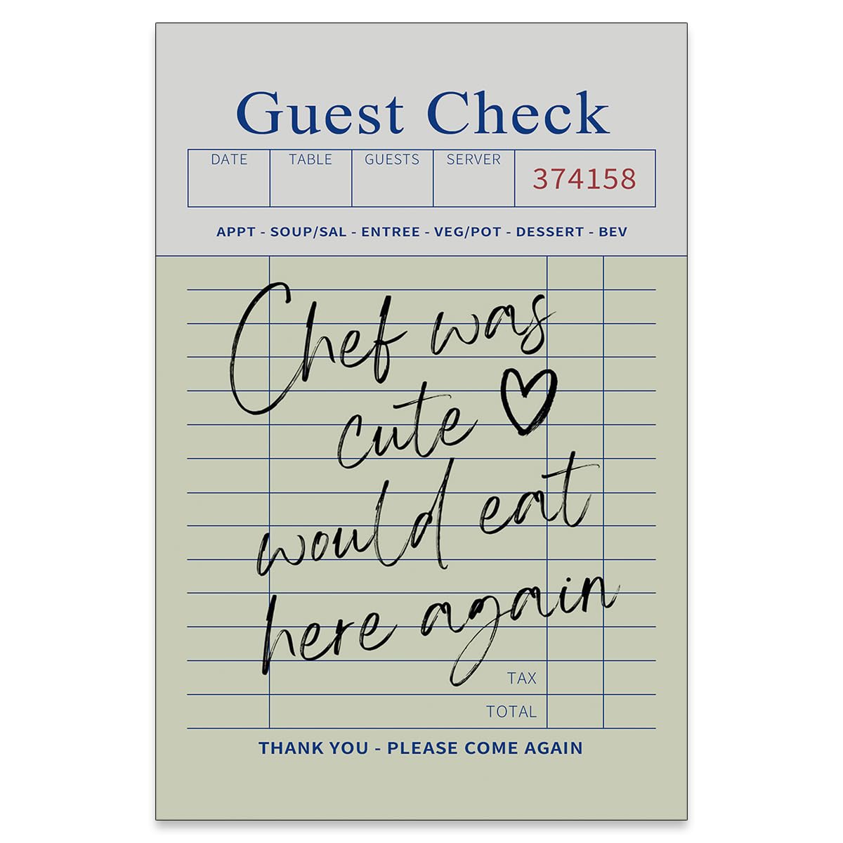Trendy Kitchen Wall Art Guest Check Prints Chef Was Cute Would Eat Here Again Quotes Posters for Home Dining Room Living Room Apartment Decor 16x24in Unframed