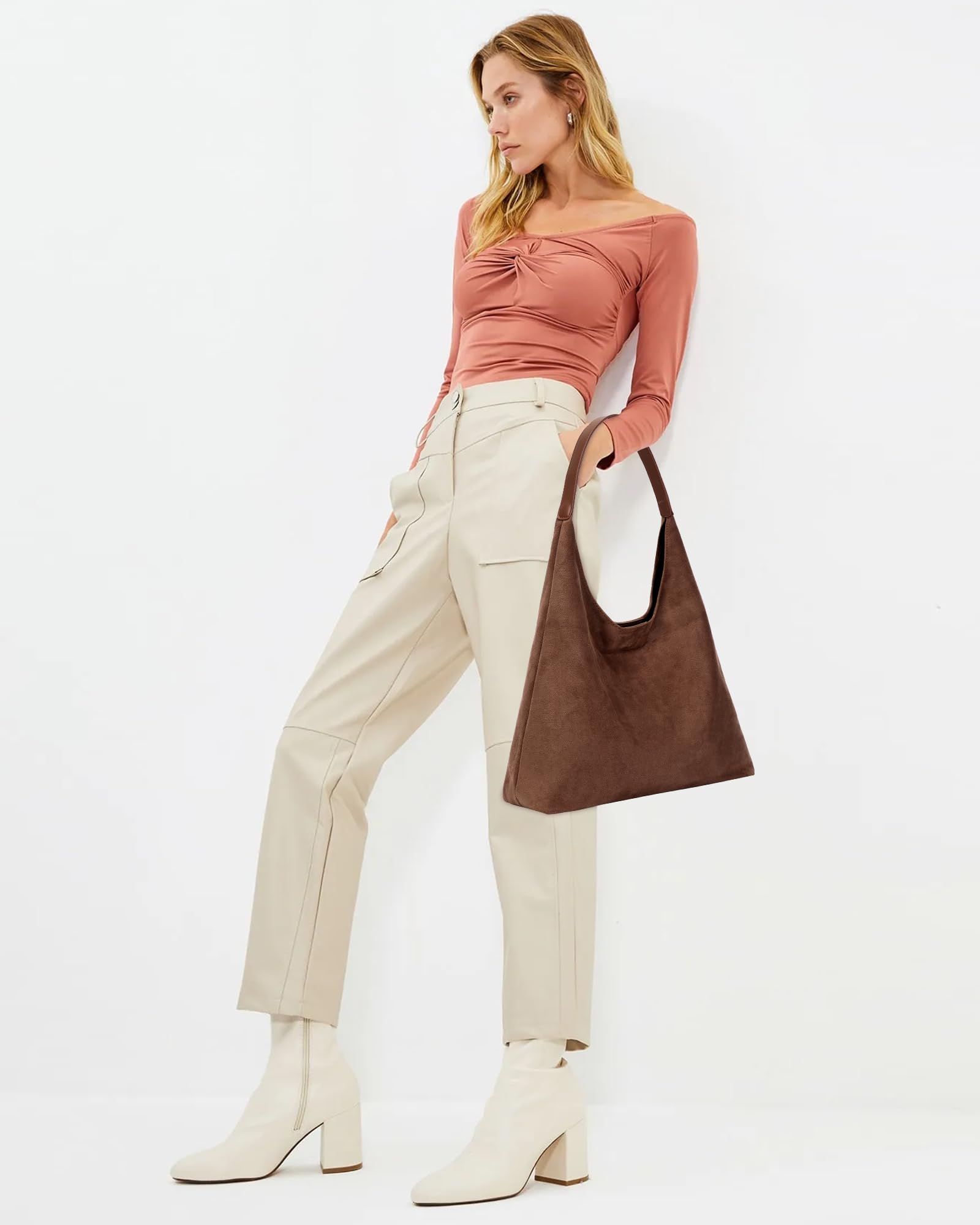 Lushandy Brown Suede Purse Faux Suede Tote Bag Leather Hobo Bags for Women Slouchy Hobo Bag Fall Purse Shoulder Bag: Faux Suede-coffee