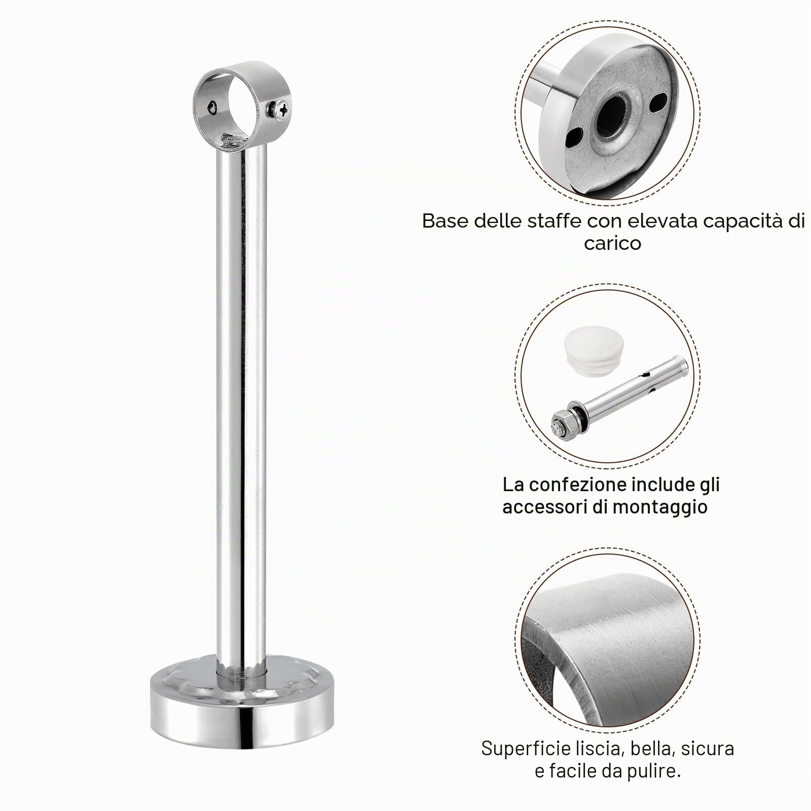 QUARKZMAN 4 Set 9.84" Supporto Bastone Tenda Soffitto Adatta a Tubo 1.02", Ganci Asta Bastoni per Tende Acciaio Inossidabile, Supporti Asta per Armadio per Asta per Tende Bagno, Argento