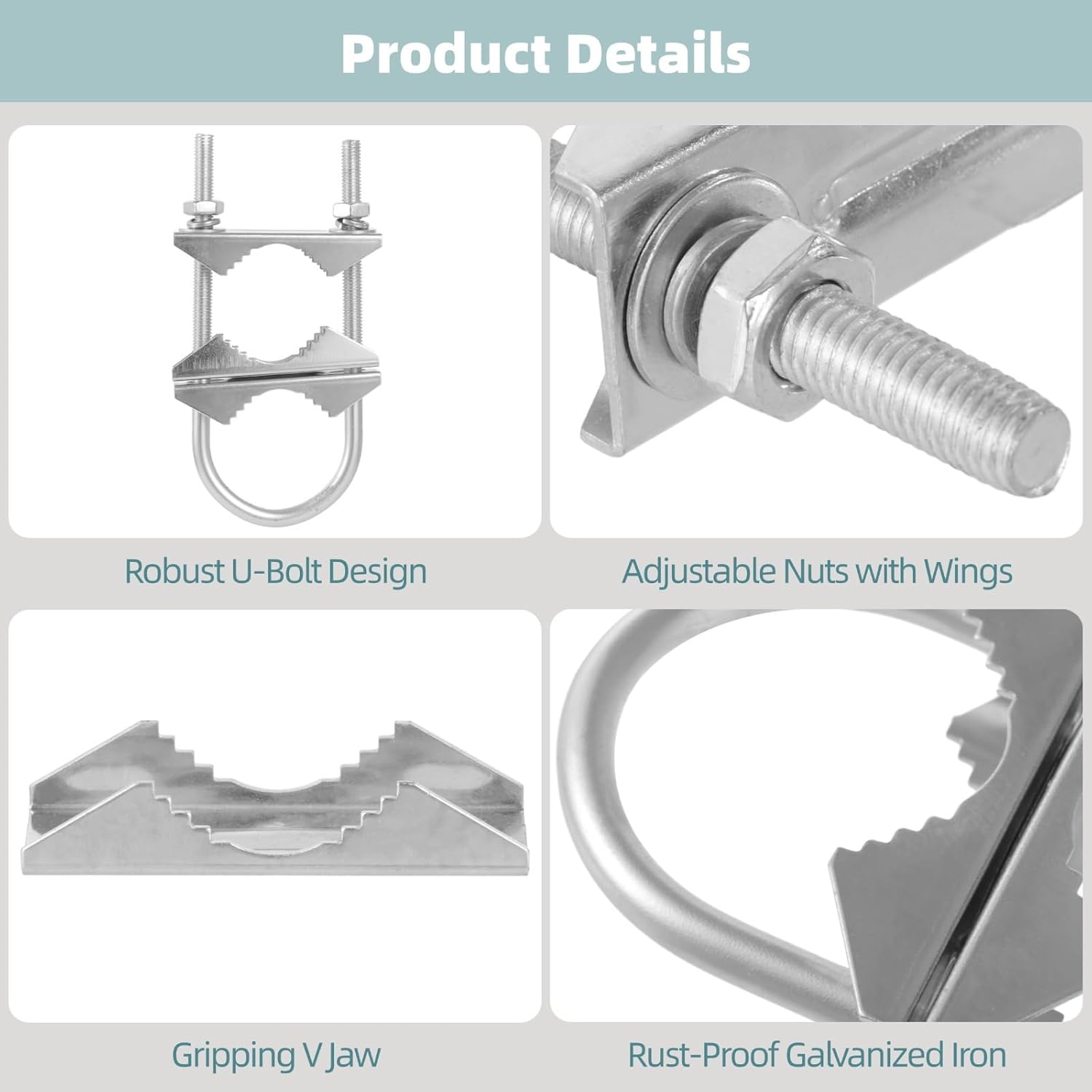 4 Pcs Antenna Mount Kit, 5.9 in U-Bolts Clamps, 1.38-2.05 in Adjustable Diameter, Galvanized Iron, Heavy Duty V-Jaw Bracket