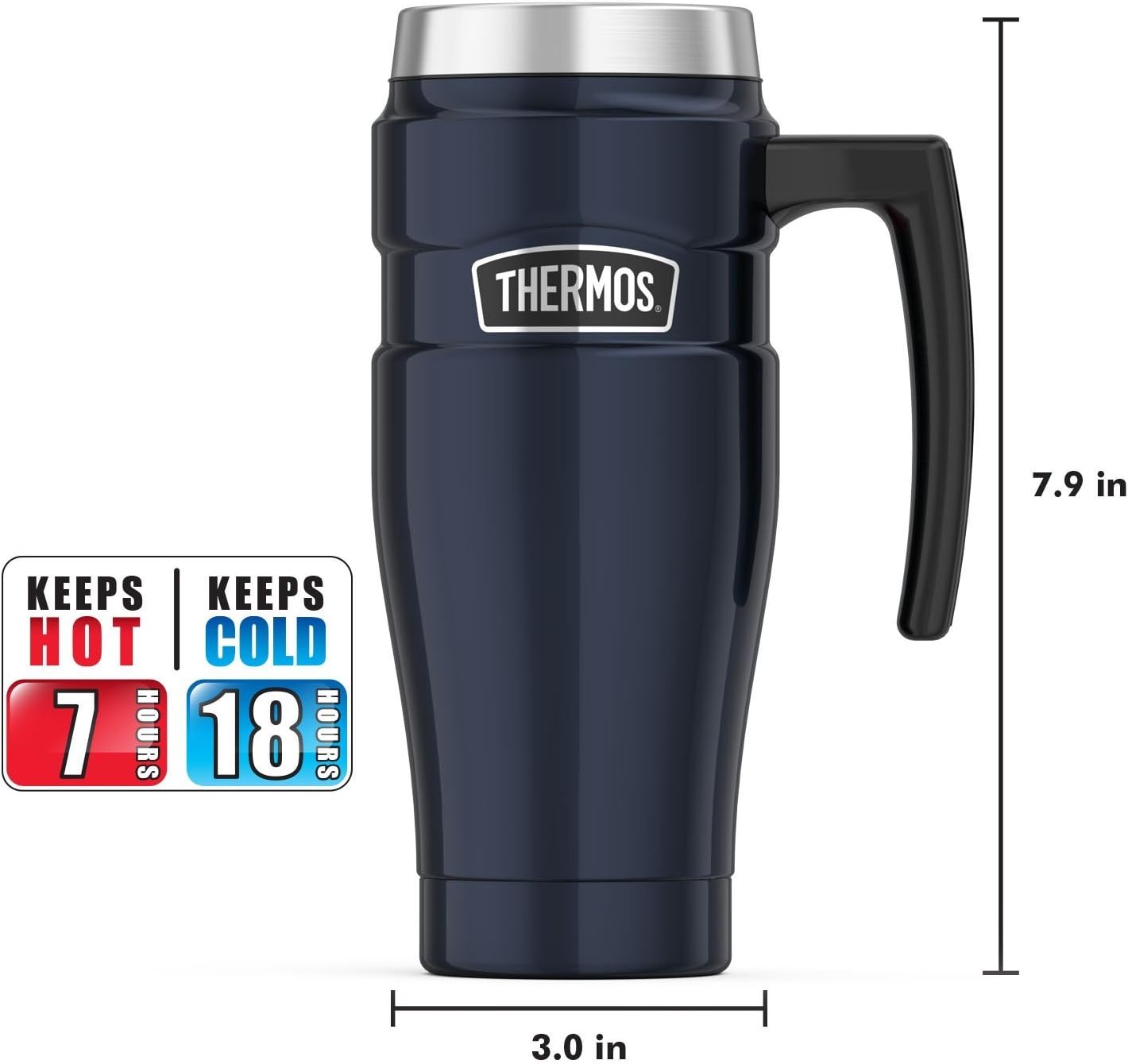 THERMOS Stainless King 16 oz Travel Mug with dimensions and temperature retention details