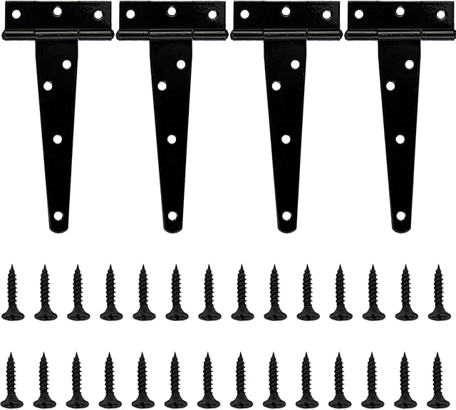 LAMXD 4 Pcs T Hinges, T-Strap Hinges, Metal Heavy Duty Gate Hinges, Tee Hinges with Screws for Sheds, Windows, Fence, Barn Gates Supplies (Black,6 Inch)