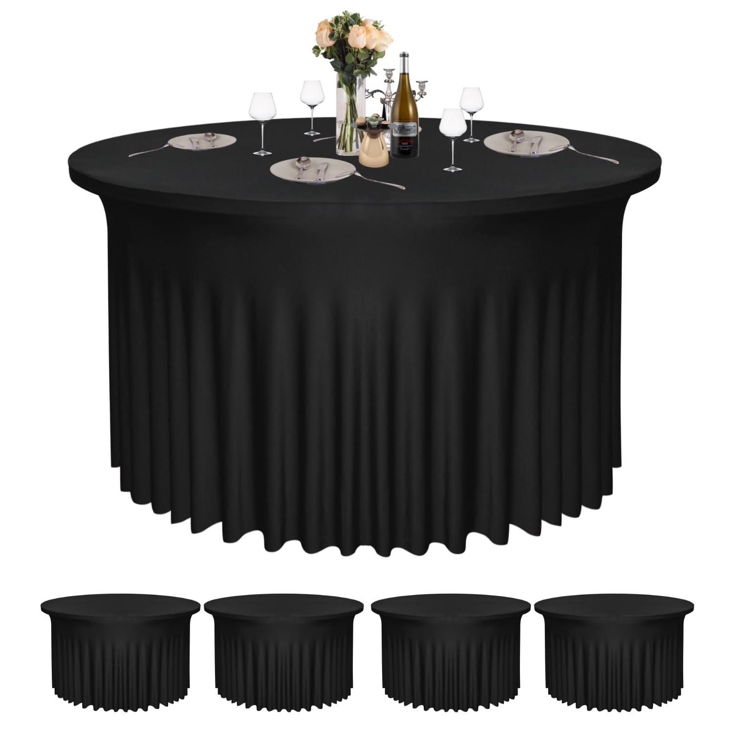 Photo 1 of 4 Pack Thick Black 48Inch Round Tablecloth for 4FT Tables|Polyester Spandex Round Table Cloths with Skirt|Stain ?Wrinkle Resistant? Washable Fabric for Wedding,Party,Dining,Banquet Black 4FT 4Pack