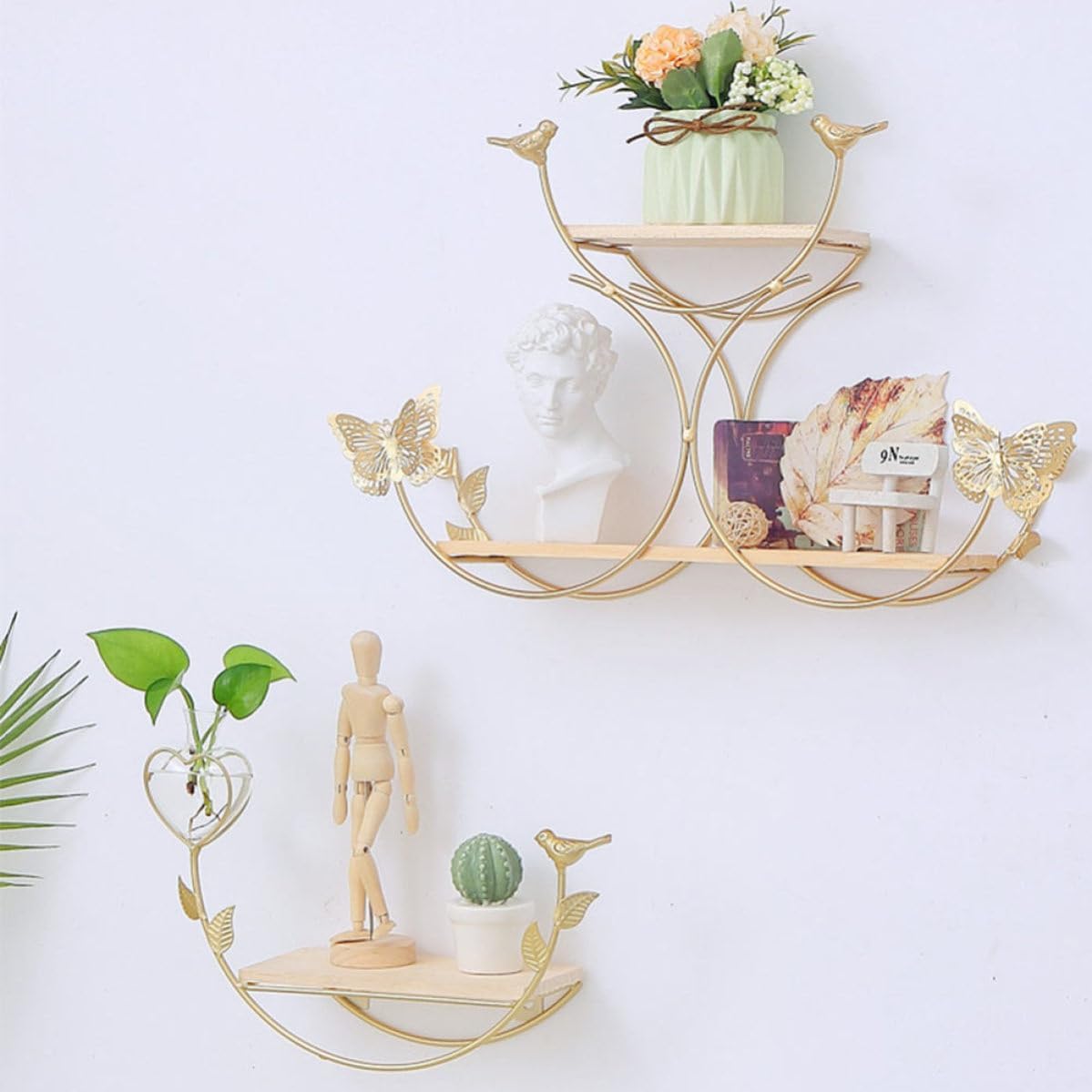 Nordic Wall Shelf Storage Rack in Golden Wood and Iron, Storage Solution for Facial and Small Potted Plants, for Home and Bedroom Decor Simple and Practical Design