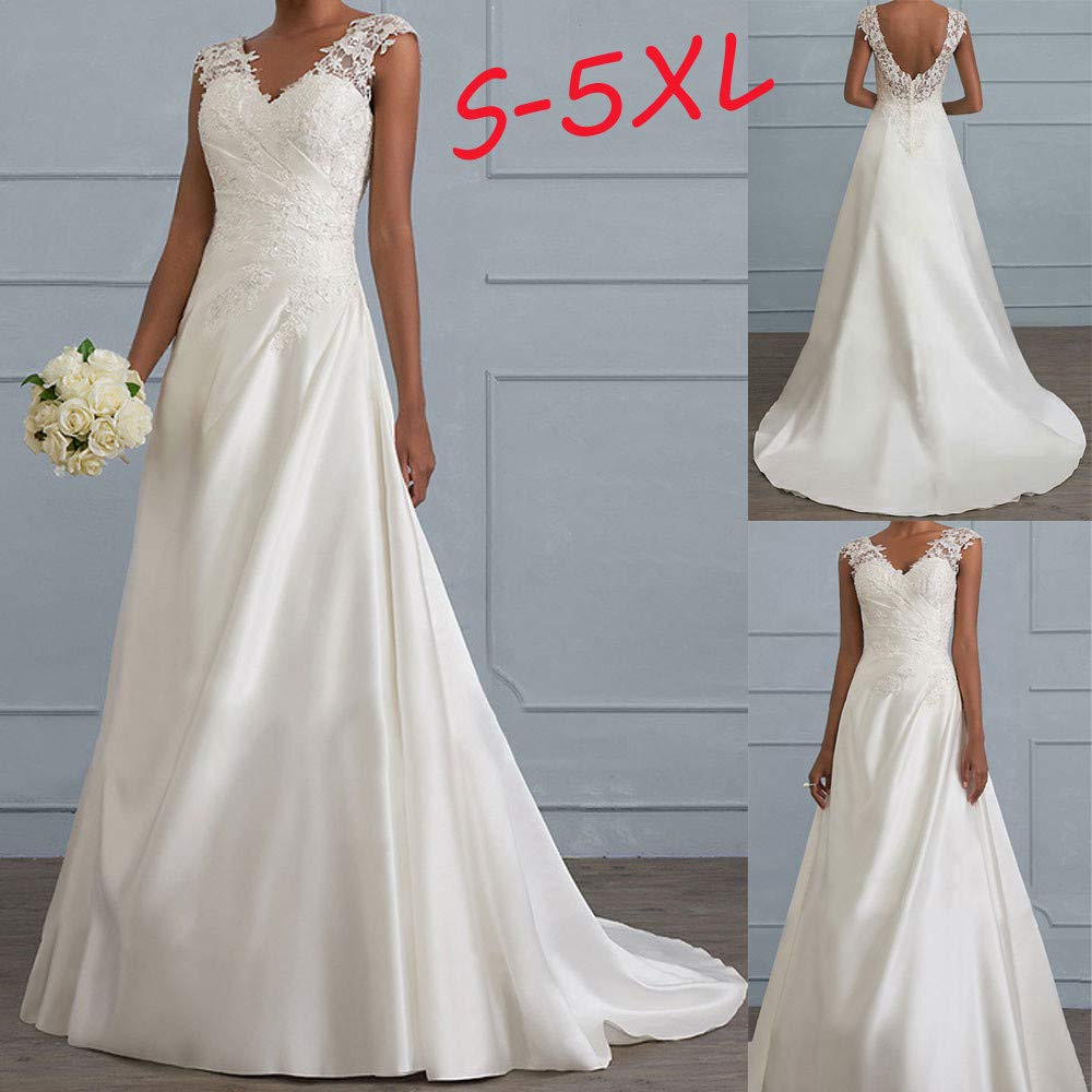 Abito da Sposa Donna Elegante Senza Maniche Scollo a V Nuziale con Spacco Pizzo Lungo per Matrimonio/Fidanzamento/Sera/Foto (White, M)
