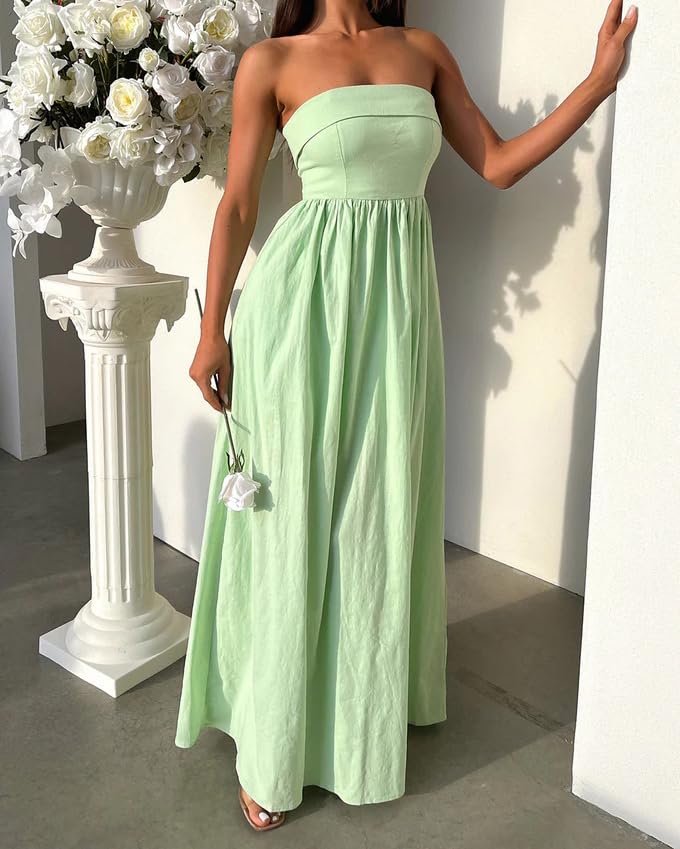 Image of Women Summer Strapless Maxi Tube Dress 2024 Trendy Solid Pleated Flowy Dress Wedding Guest Maxi Dresses Party Club