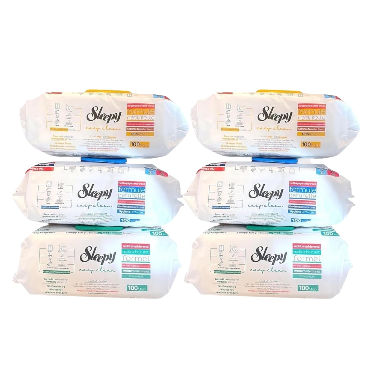 Clearfee Sleepy Lot de 6 lingettes humides de nettoyage de surface, 100 feuilles XXL, jetables, puissantes, grandes