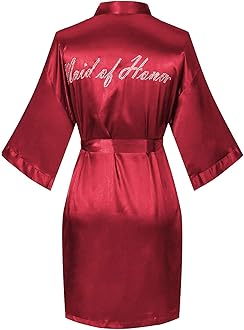 Women's Satin Kimono Robe for Bridesmaid and Bride Wedding Getting Ready Kimono with Rhinestones Dressing Gown