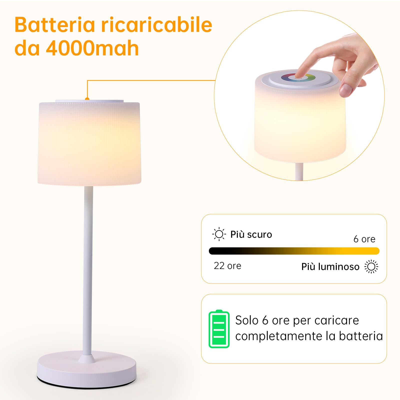 WOWDSGN Lampada da Tavolo con Base di Ricarica a Contatto - Lampada da Scrivania senza Fili Ricaricabile - 3000K/4000K/5000K/RGB - 4000mAh - Interni/Esterni
