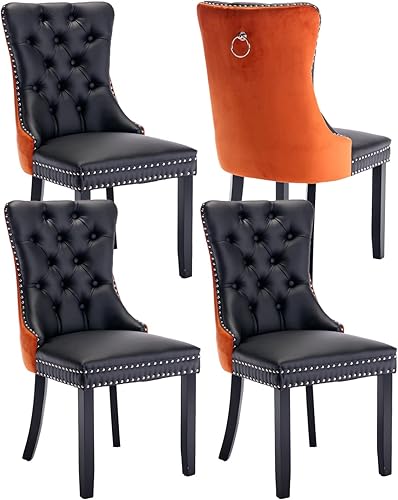 Miniatura 25 de Juego de 4 sillas de comedor de terciopelo beige, sillas tapizadas modernas para comedor con respaldo capitoné y acentos de madera, patas curvas de