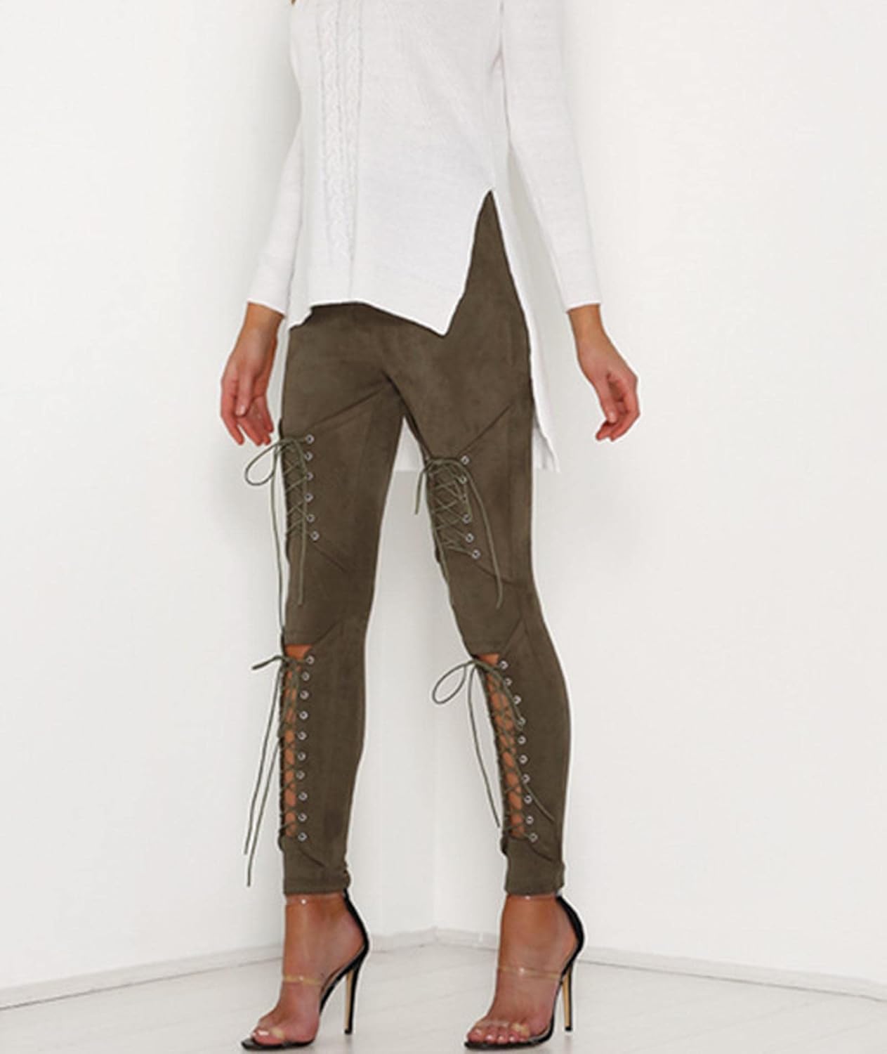 Women's Punk Rock Leggings Gothic Lace Up Bandage Skinny Sexy Slim Pants - Image 4