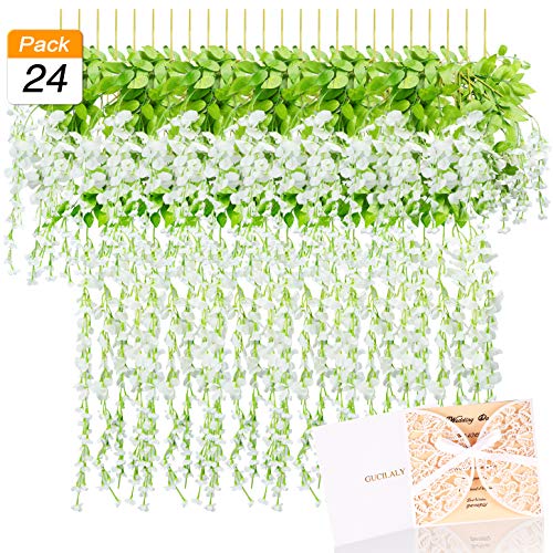 Gucilaly 3.6 ft Artificial Wisteria Flowers Bulk, 24 White Hanging Silk Fake Vine Rattan Flower String for Home Party Wedding Decor