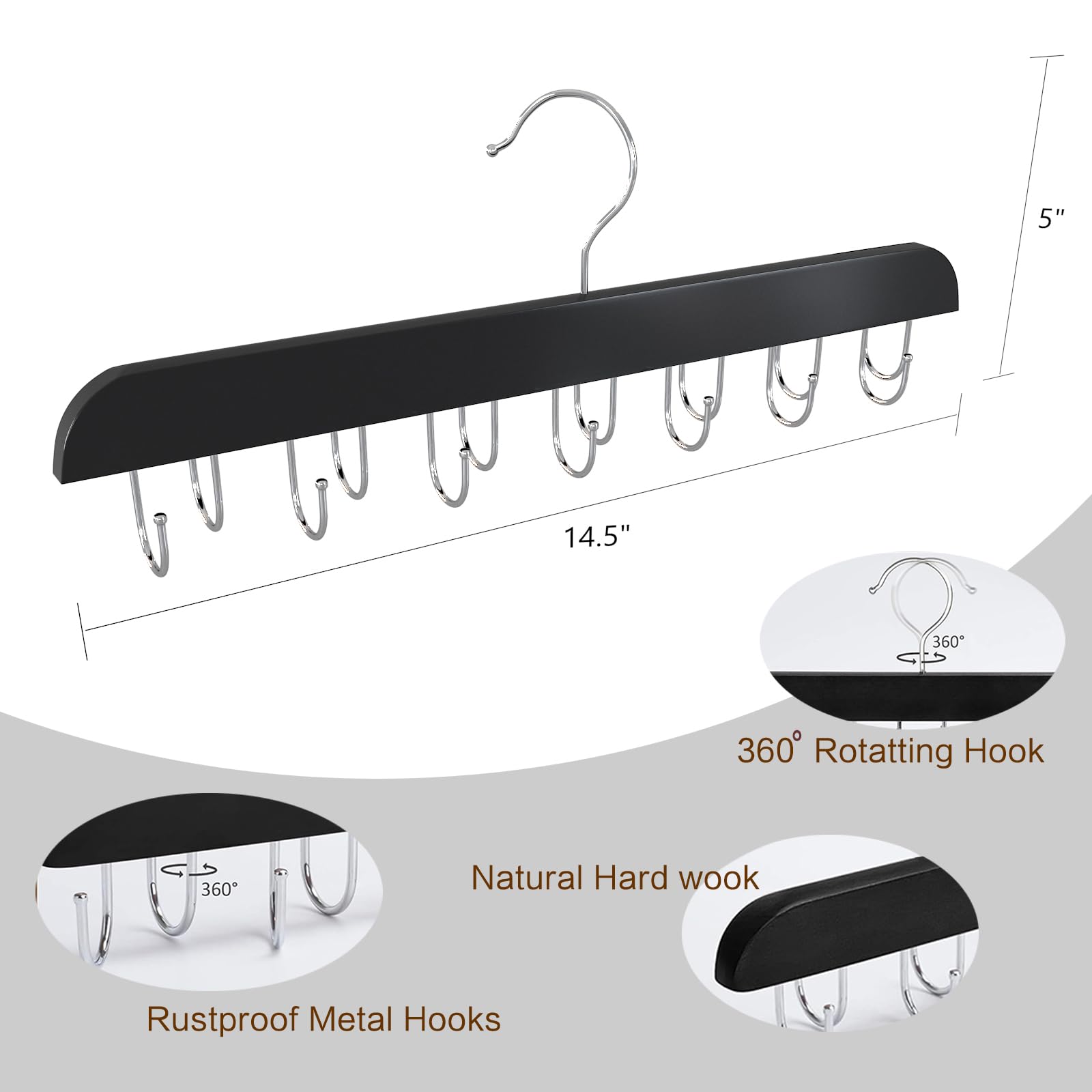KERELEIME 2PCS Multi-Purpose Tie Rack,Belt Organizer,Belt Hanger for Closet Organizers and Storage with 14 Hooks,Tie Hanger Hook for Belt,Bra,Tank Top,Hat,Tie,Scarf,Purse,Necklace (Black)