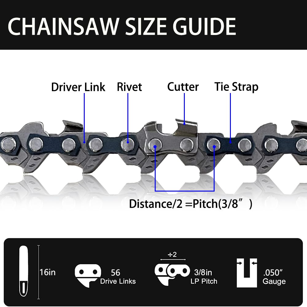Aporozona 16inch Chainsaw Chain, (2 Chain 56DL 3/8