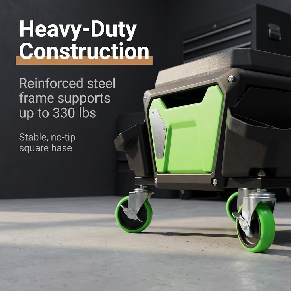Rolling Mechanics Stool, Heavy-Duty 330 lbs Capacity Garage Creeper Seat with Soft Cushioned Top, Removable Trays & Drawer, Locking Casters, Ideal for Auto Detailing, Repair & Workshop Use, Green