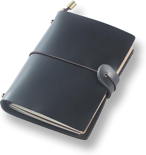 ScrodCat Classic Genuine Leather Notebook  13.5cm x 11 cmRefillable Pages Leather Journal  100% Handmade & Personalized - Vintage Diary - Daily Use & Traveler's Notebook (Black) (Black C, S)