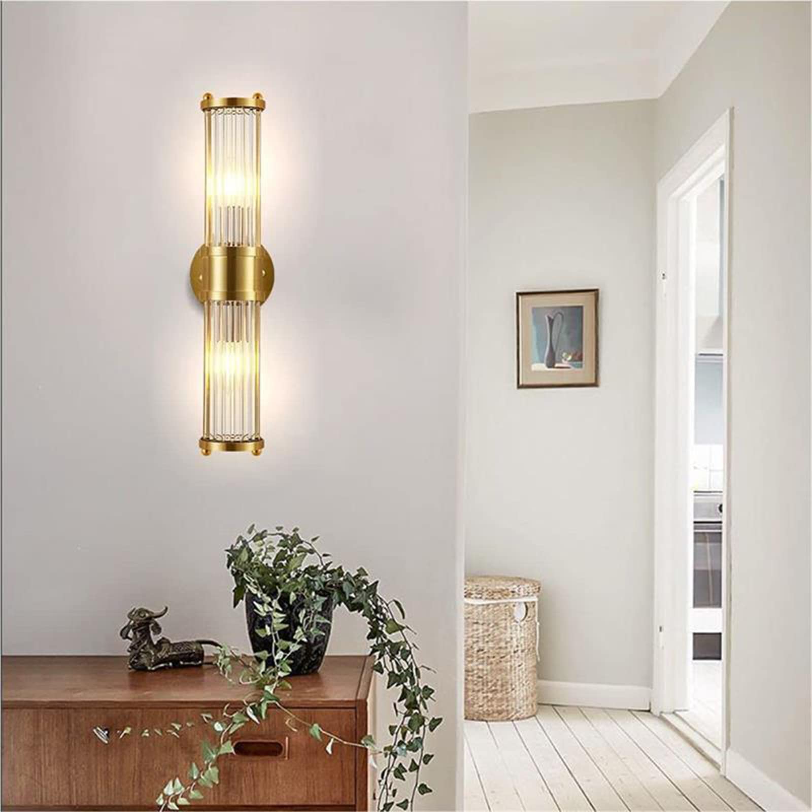 Messing Gold Kristall Wandleuchte,Kristallglas Licht & Gold Sockel Wandlampe,Wandleuchte Innen für Wohnzimmer,Badezimmer (2-flammig)