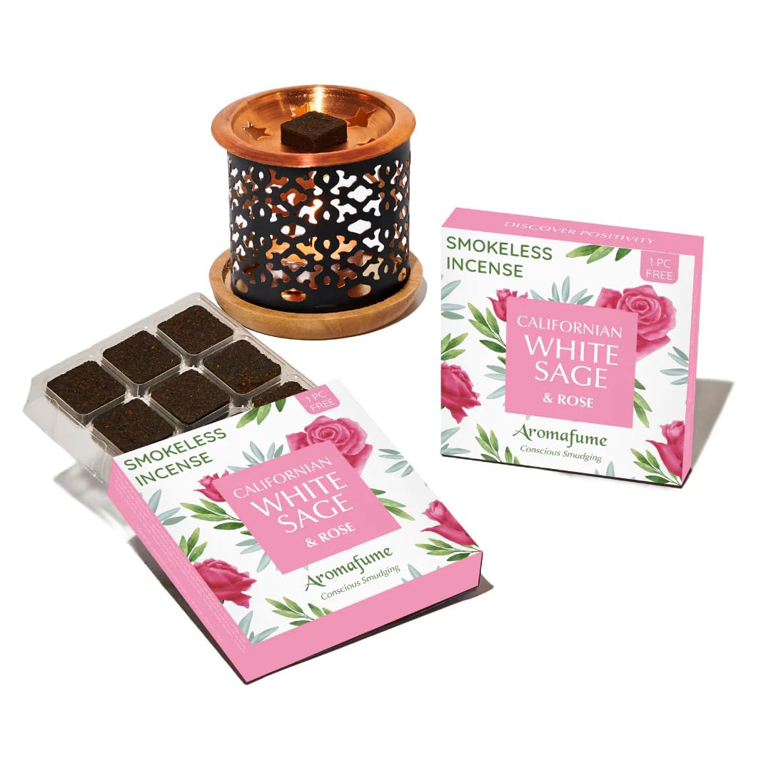 Aromafume Rose White Sage & Incense Bricks With Snowflake Exotic Burner By | 2X9 Bricks | Sage Incense For Cleansing Negative Energy & Protection | Sage For Smokeless Smudging, Spiritual Cleansing