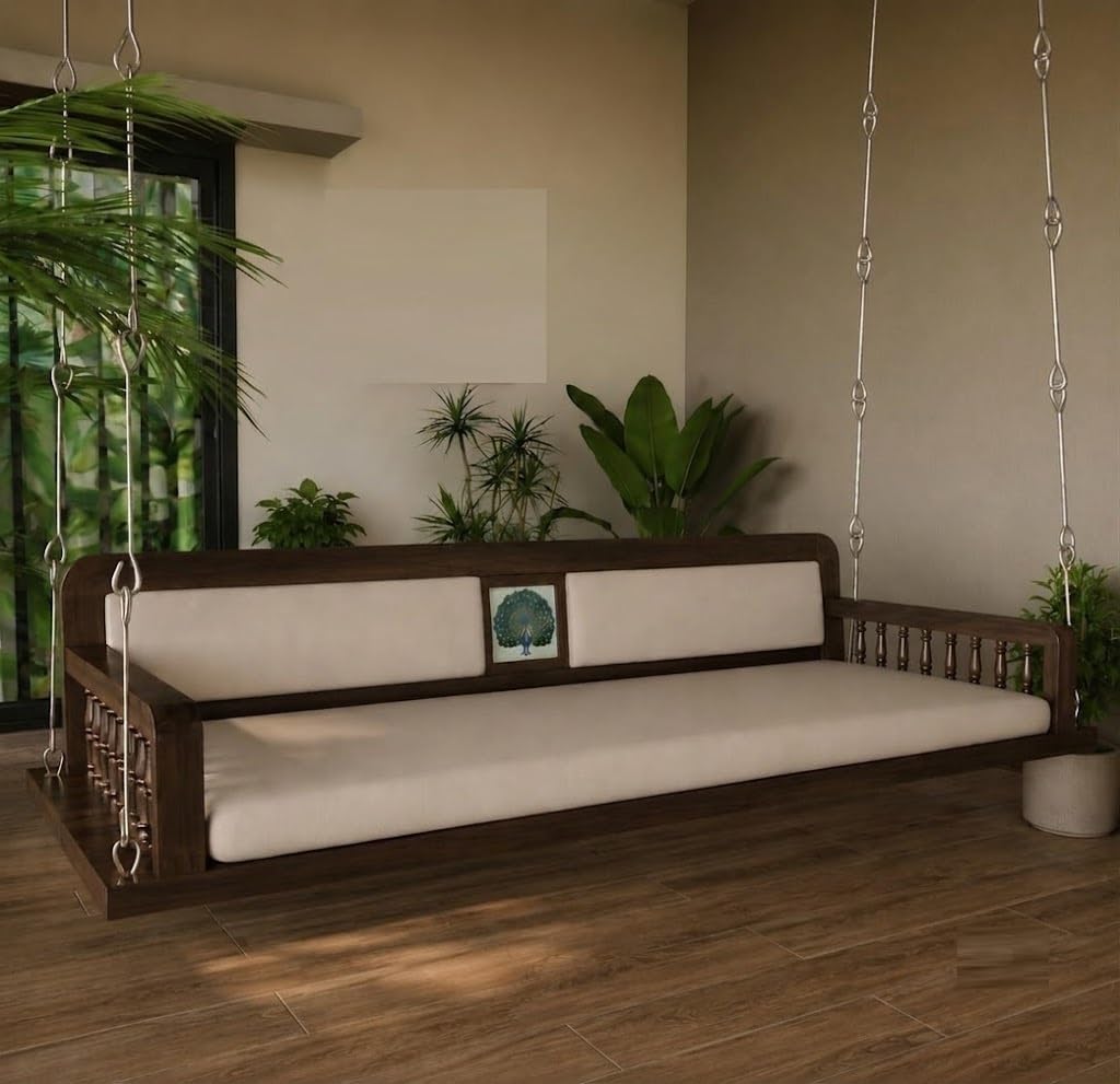 Solid Wood Swing Jhula for Living Room & Balcony | Wooden Hanging Swing Sofa with Cushion & Backrest | Outdoor Wooden Jhoola for Home (Walnut Finish)-image-28