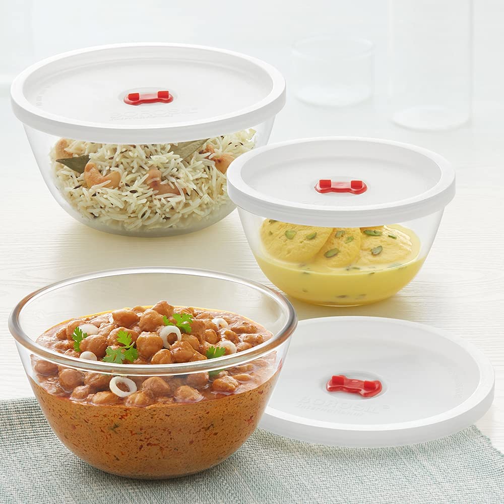 Borosil Glass Mixing & Serving Bowls With Lids, Oven & Microwave Safe Bowls, Set of 3 (500 ml, 900 ml, 1.3 L), Borosilicate Glass, Clear (B07YNSHQSB) Amazon Price History, Amazon Price Tracker
