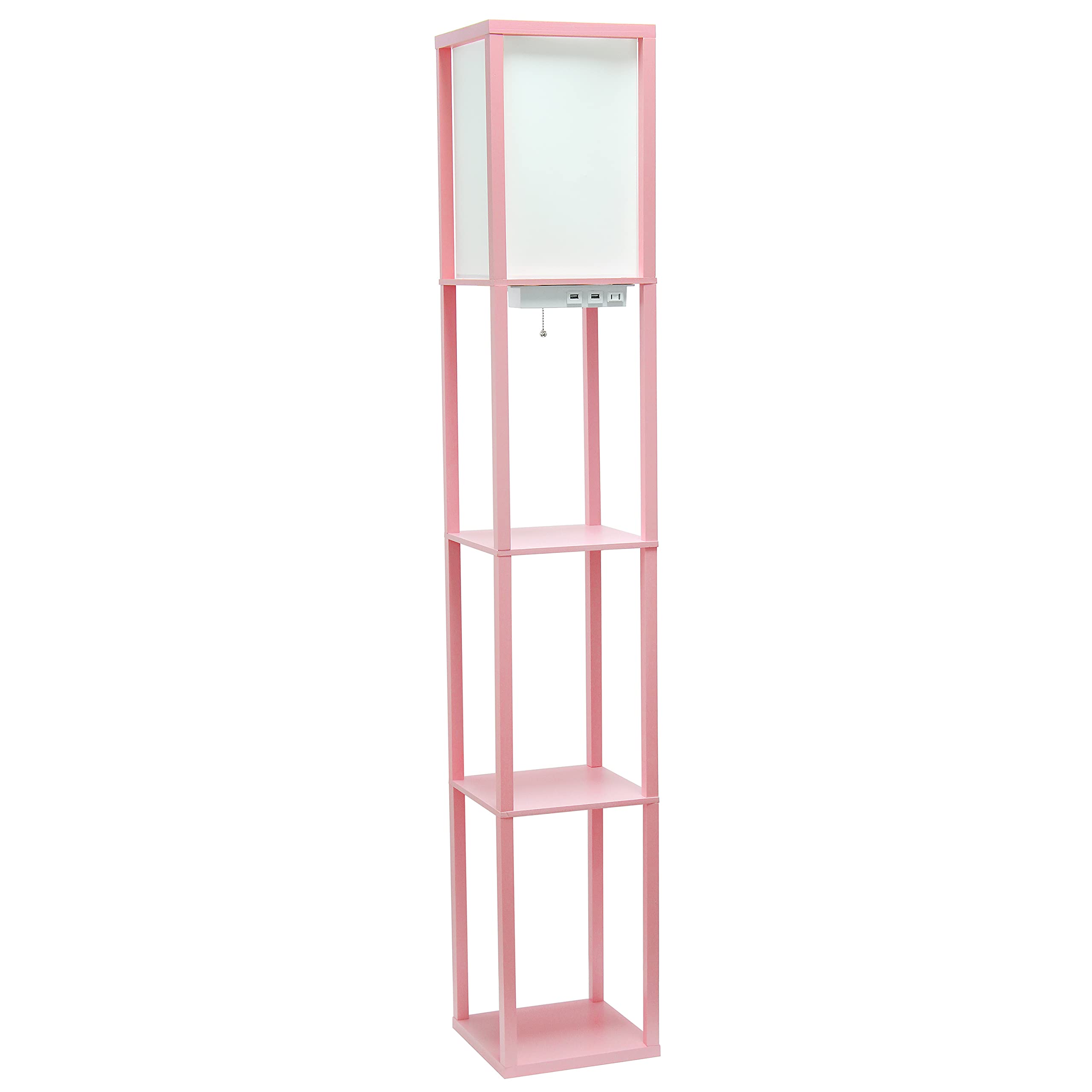 Simple Designs LF1037-LPK Organizer Storage Shelf with 2 Ports, 1 Charging Outlet and Linen Shade USB Etagere Floor Lamp, Light Pink